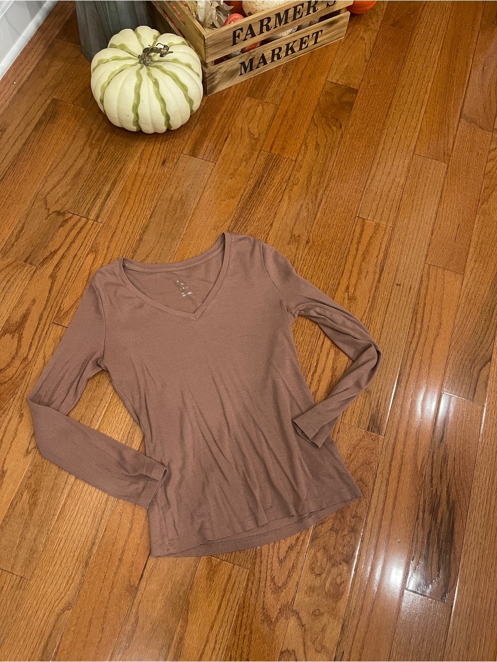 A New Day Women's Milk Chocolate Brown Ribbed V-Neck Long Sleeve Shirt Small